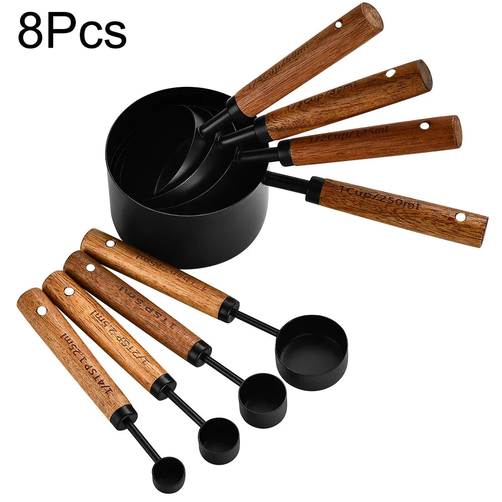 4/8Pcs Black Wooden Handle Stainless Steel Measuring Cups Spoons