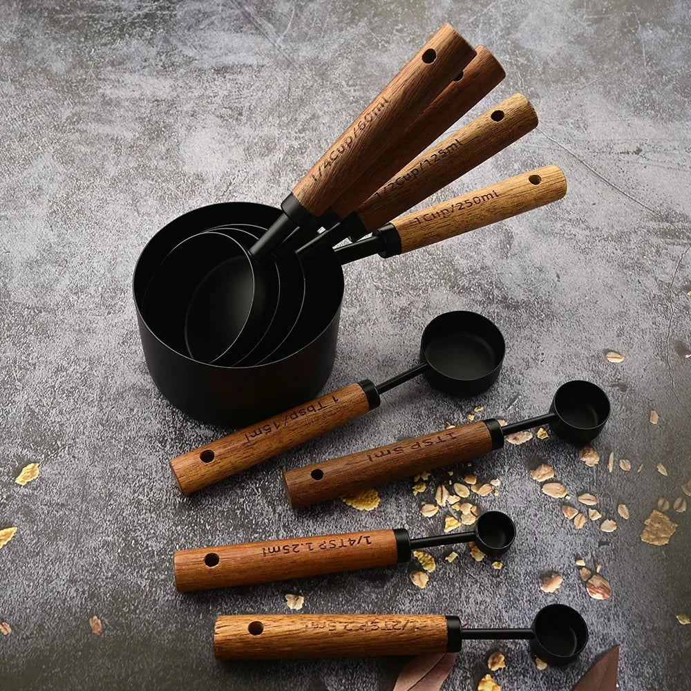 4/8Pcs Black Wooden Handle Stainless Steel Measuring Cups Spoons