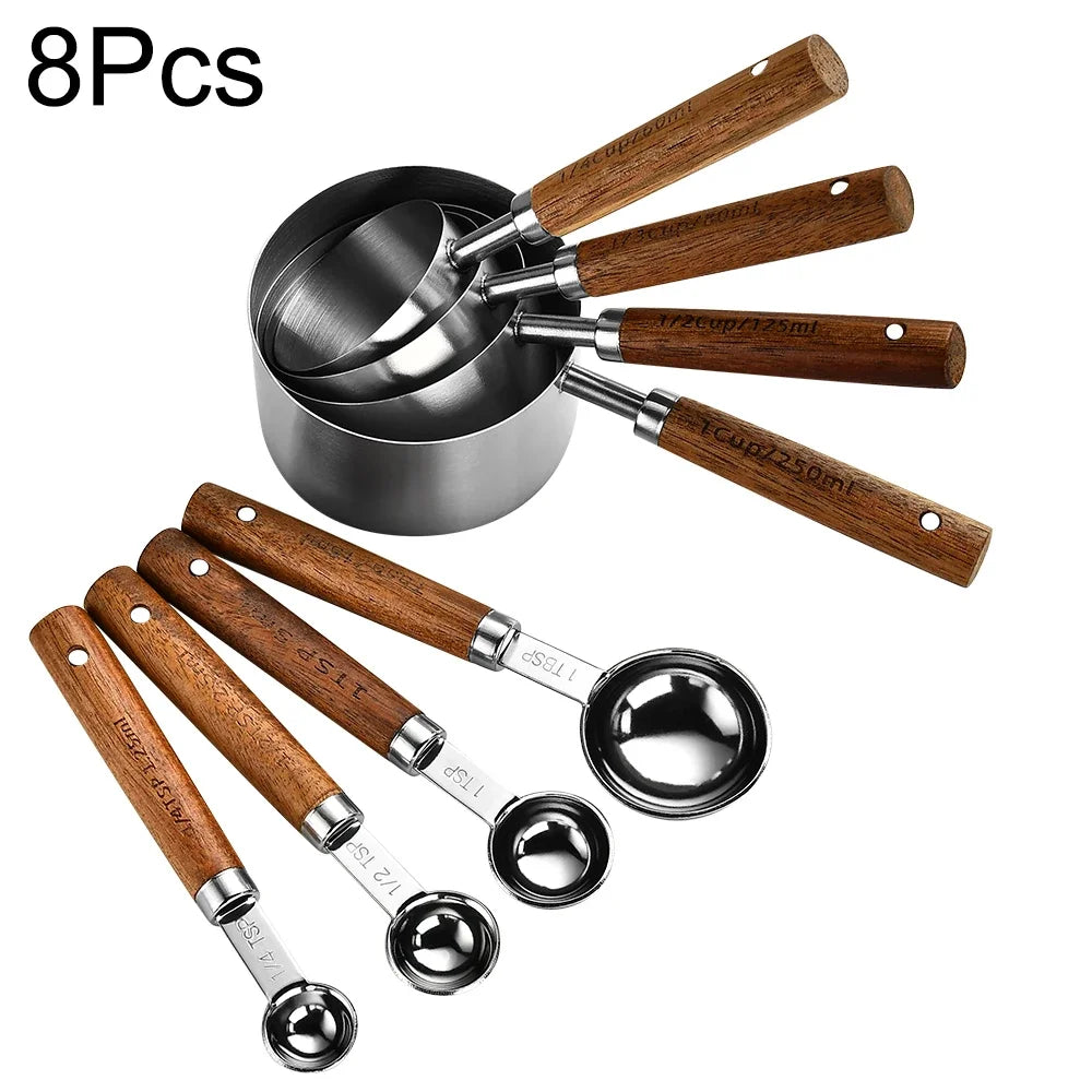 4/8Pcs Black Wooden Handle Stainless Steel Measuring Cups Spoons