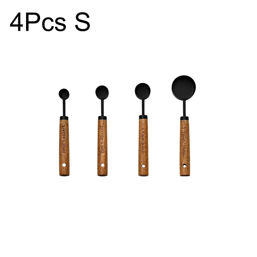 4/8Pcs Black Wooden Handle Stainless Steel Measuring Cups Spoons