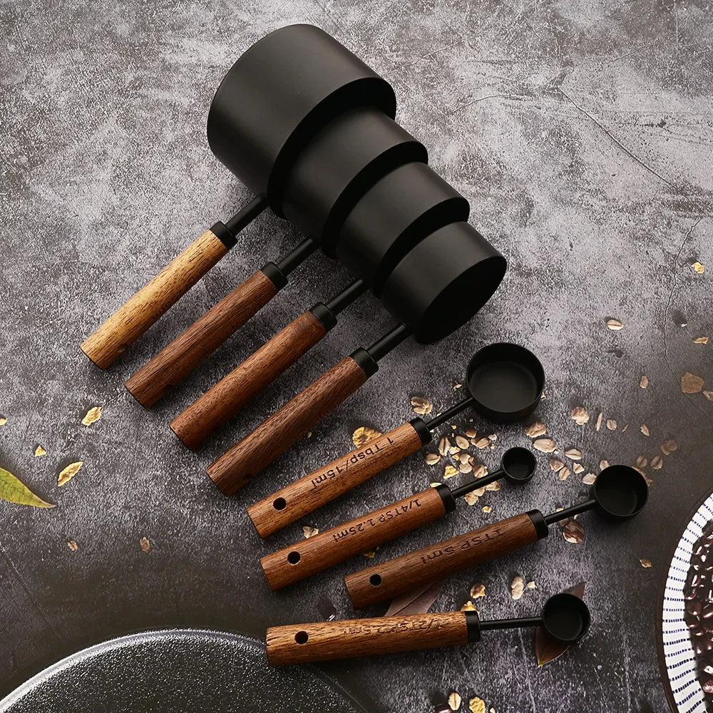 4/8Pcs Black Wooden Handle Stainless Steel Measuring Cups Spoons