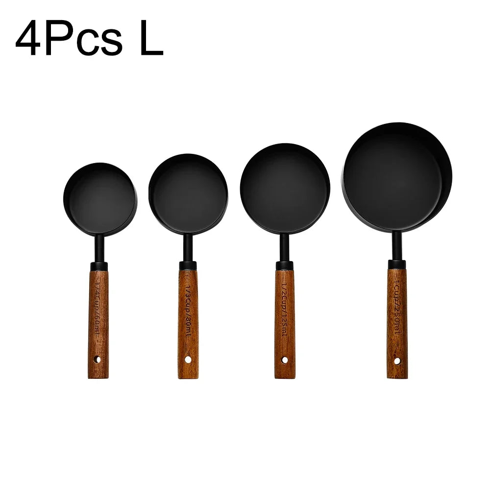 4/8Pcs Black Wooden Handle Stainless Steel Measuring Cups Spoons