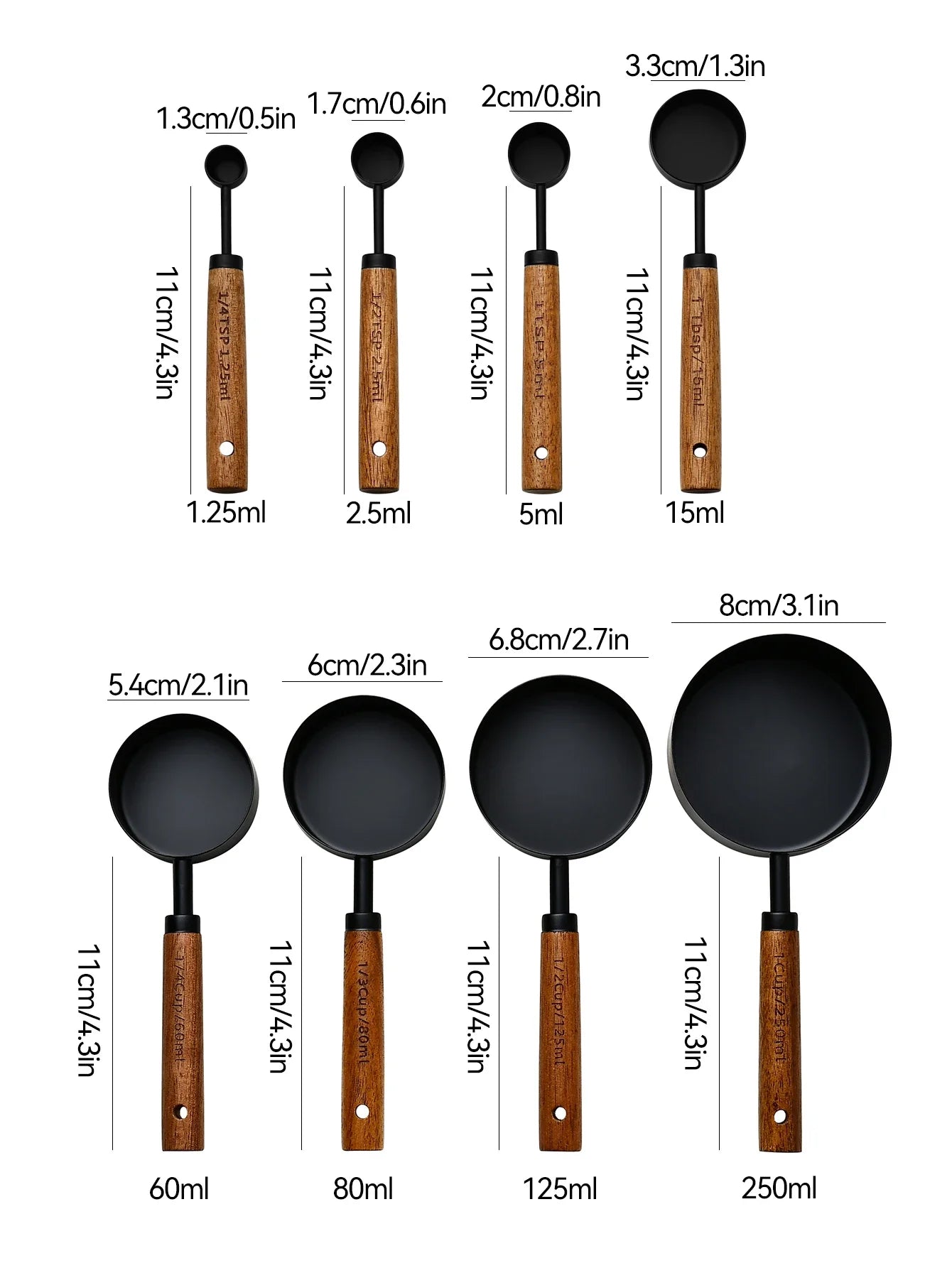 4/8Pcs Black Wooden Handle Stainless Steel Measuring Cups Spoons