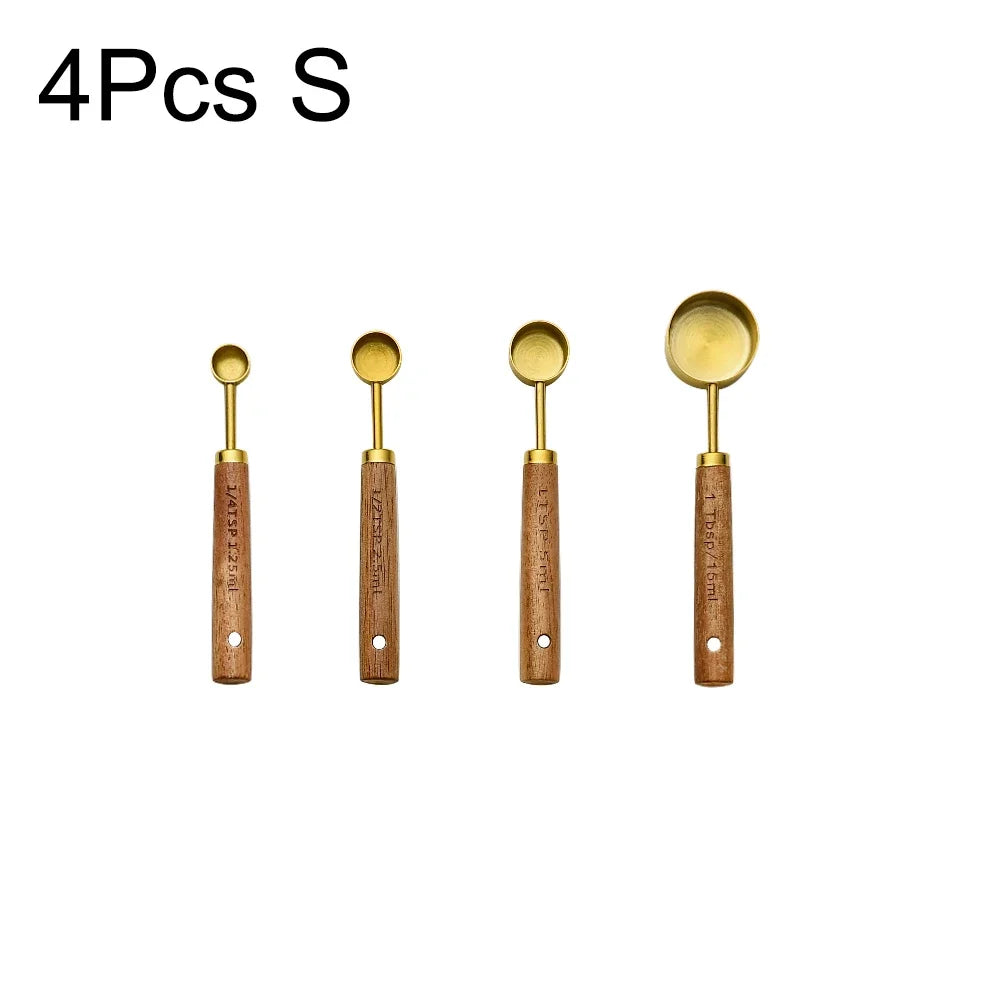 4/8Pcs Black Wooden Handle Stainless Steel Measuring Cups Spoons