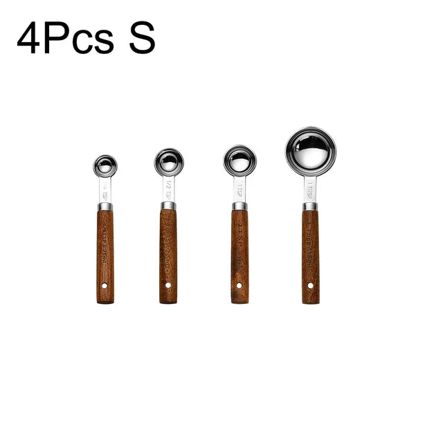 4/8Pcs Black Wooden Handle Stainless Steel Measuring Cups Spoons