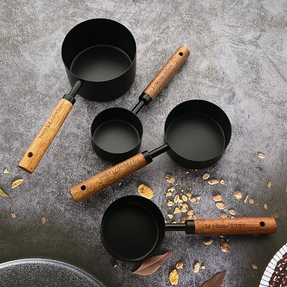 4/8Pcs Black Wooden Handle Stainless Steel Measuring Cups Spoons