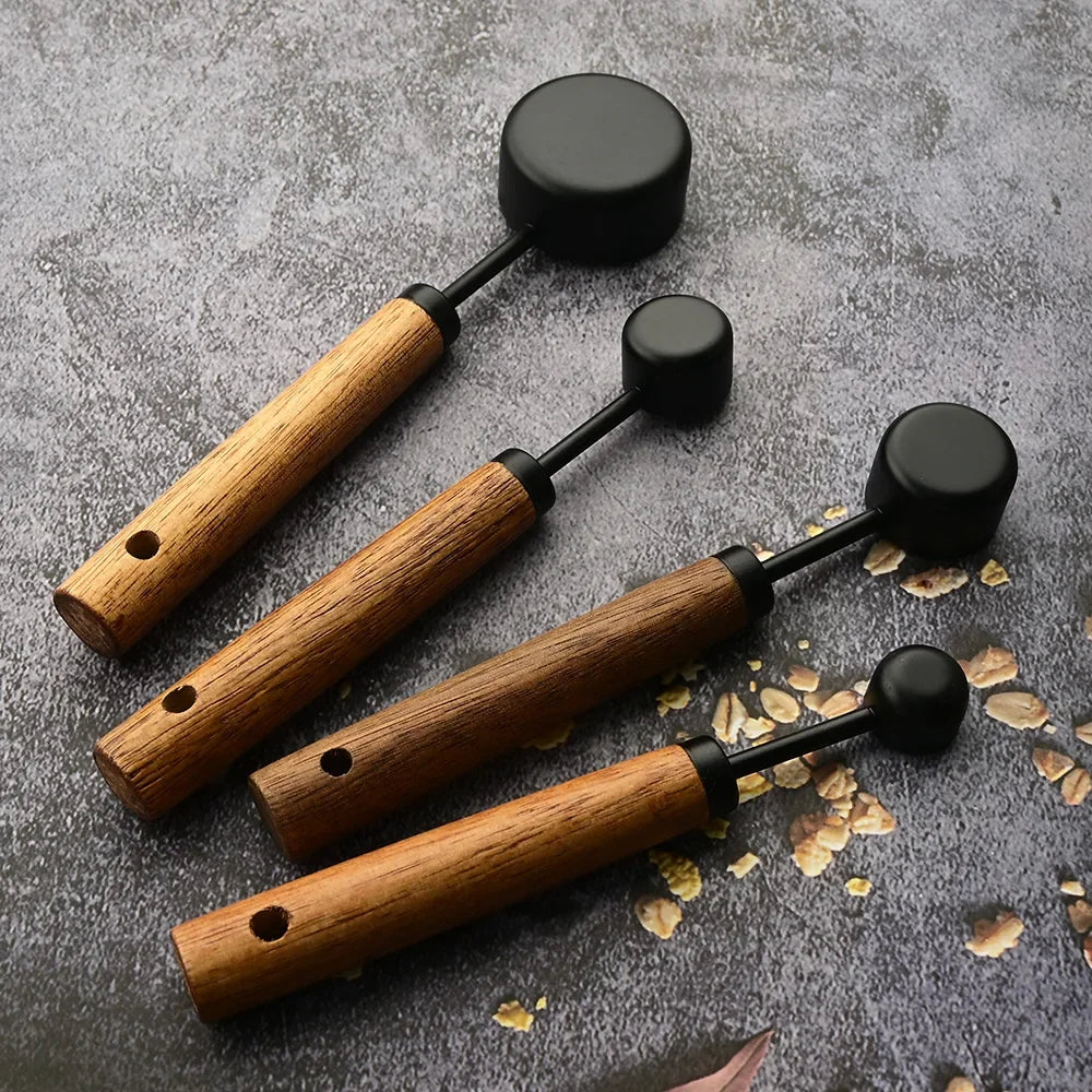 4/8Pcs Black Wooden Handle Stainless Steel Measuring Cups Spoons