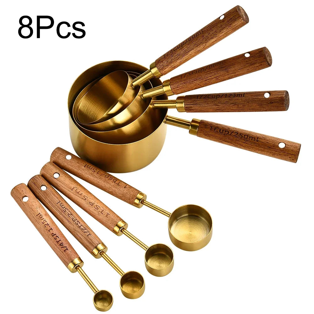 4/8Pcs Black Wooden Handle Stainless Steel Measuring Cups Spoons