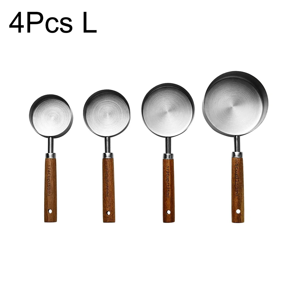 4/8Pcs Black Wooden Handle Stainless Steel Measuring Cups Spoons