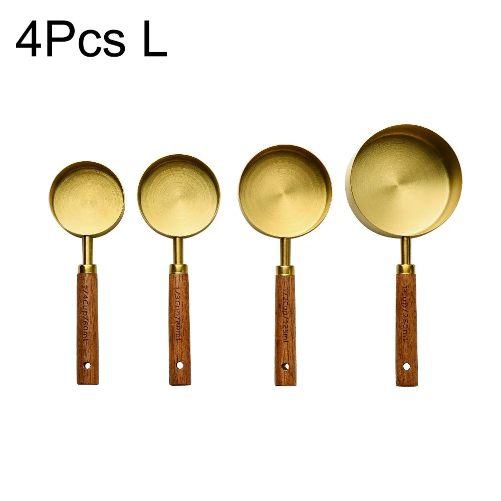 4/8Pcs Black Wooden Handle Stainless Steel Measuring Cups Spoons