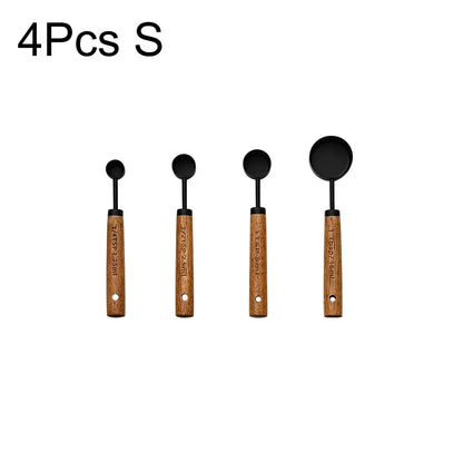4/8Pcs Black Wooden Handle Stainless Steel Measuring Cups Spoons