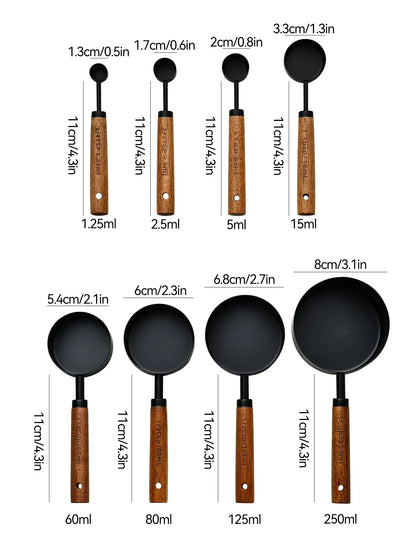 4/8Pcs Black Wooden Handle Stainless Steel Measuring Cups Spoons
