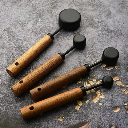 4/8Pcs Black Wooden Handle Stainless Steel Measuring Cups Spoons